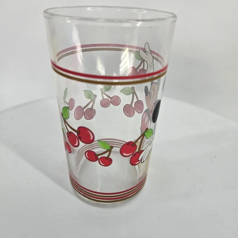 Disney Mickey Mouse Cherry Glass Tumbler Vintage Clear Drinking Glass Red Gold